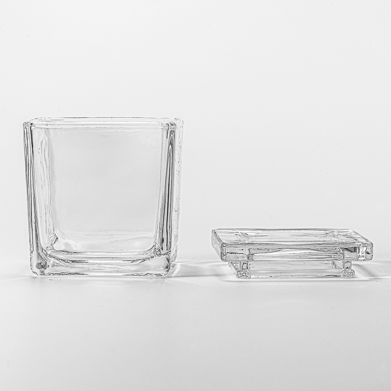 Wholesale square clear glass candle jar with glass lid