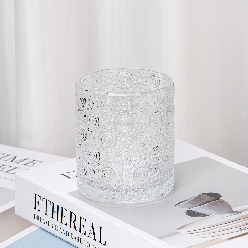Round Clear Glass Jar Embossed Design Glass Candle Container Wholesale