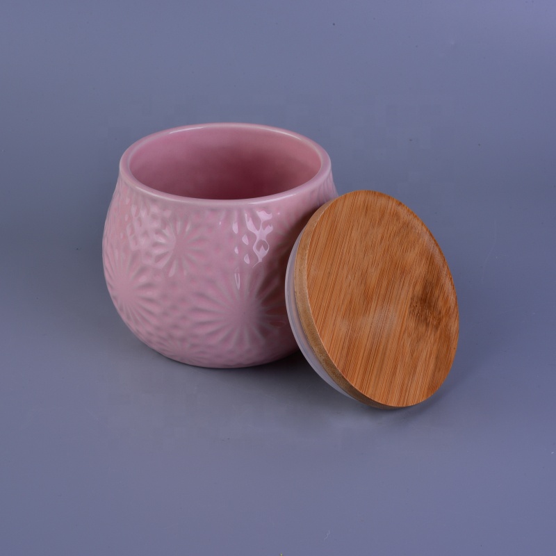 Wholesales flower tealight ceramic candle container with wood cover