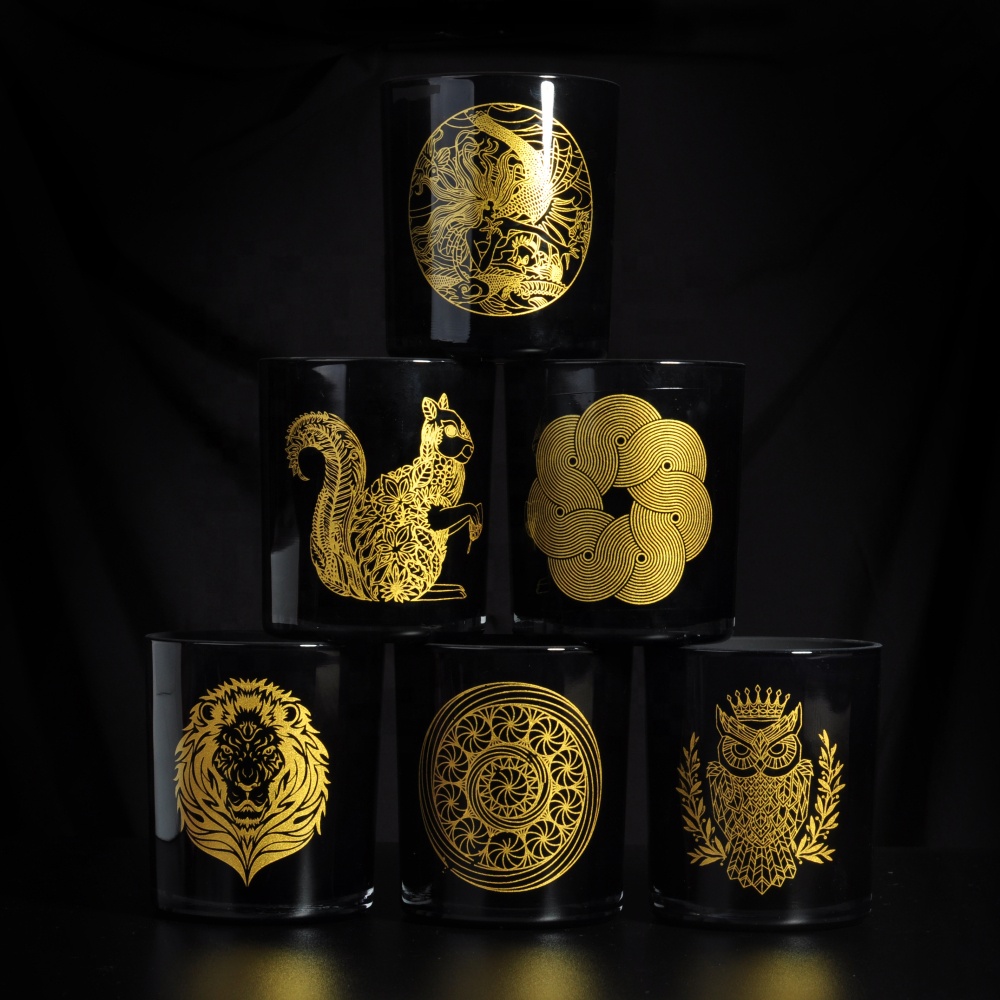 10oz Black Candle Glass Jar With Gold Decal printing