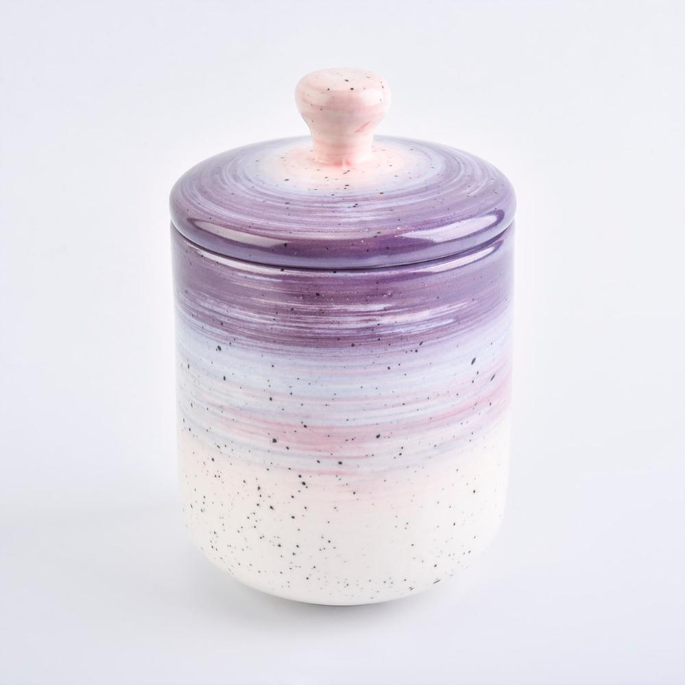 White purple enamel ceramic tealight candle holder jar with lid for home decor