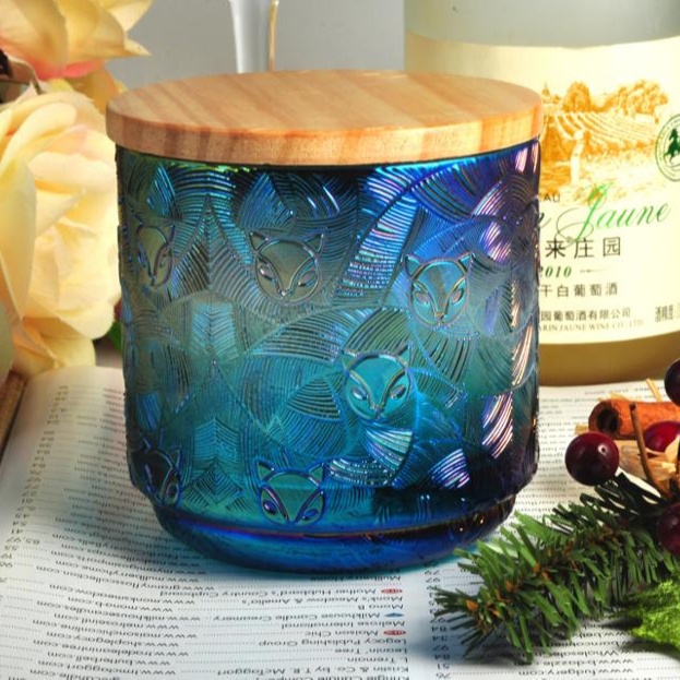 Empty Embossed Fox Pattern Holographic Glass Candle Jar With Lids