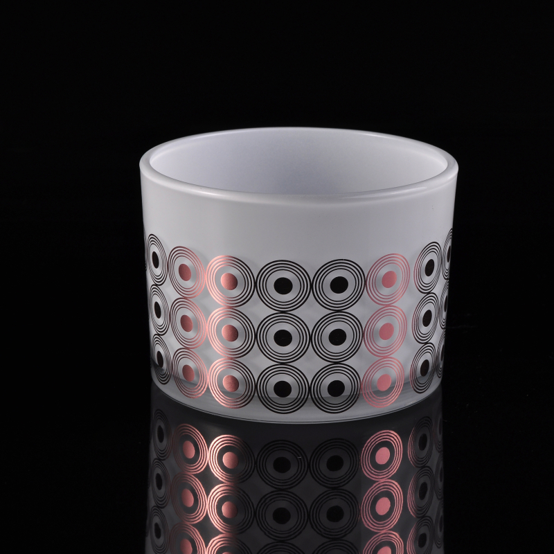 White Glass Candle Container With Decal Decoration
