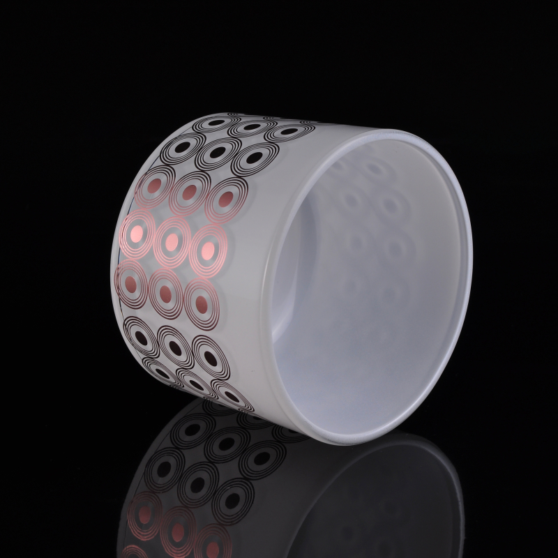 White Glass Candle Container With Decal Decoration