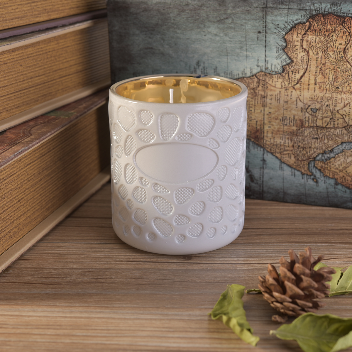 Geo Cut Embossed White Glass Candle Jars For Candle Making