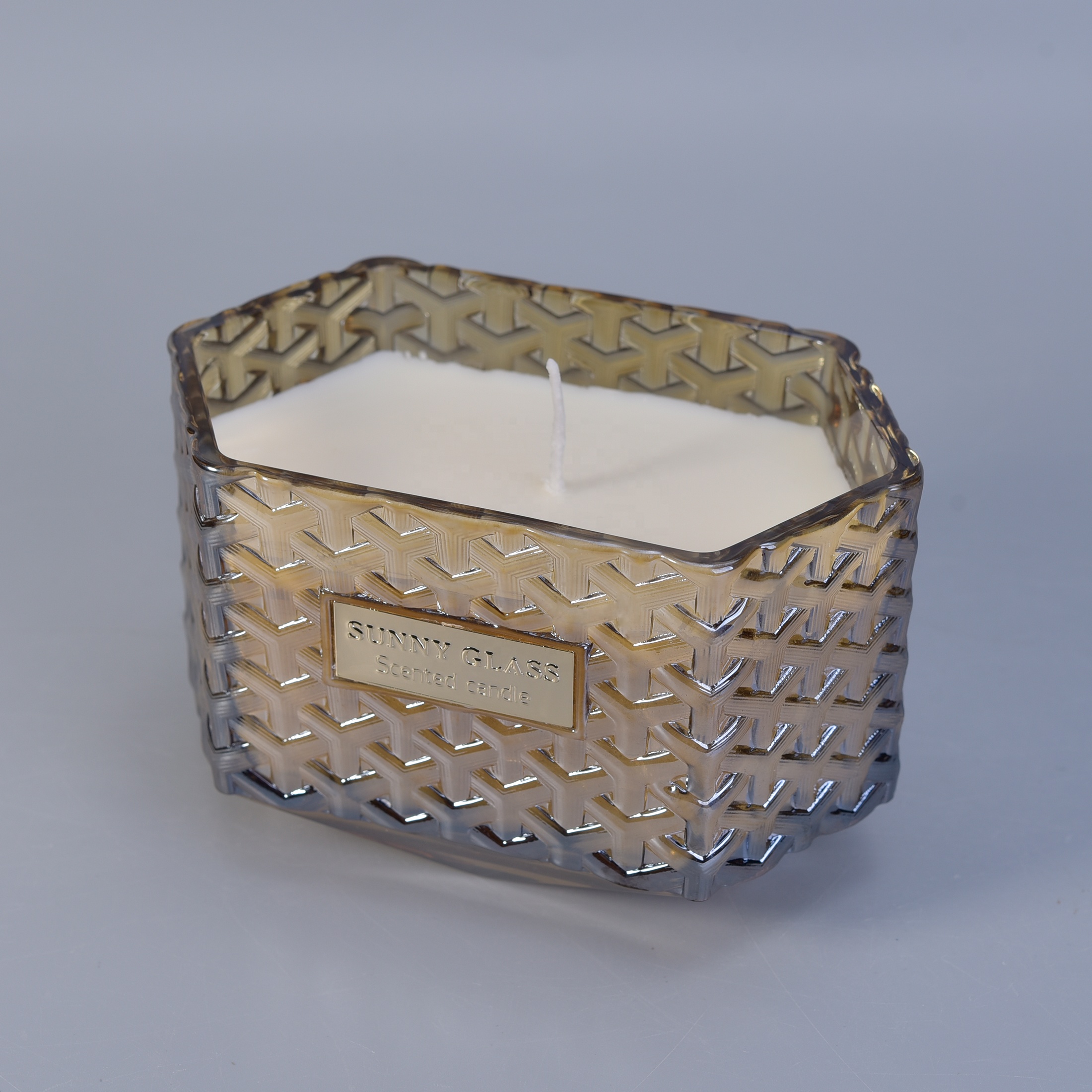 10oz 12oz Sunny woven decorative glass candle holder with wooden lids