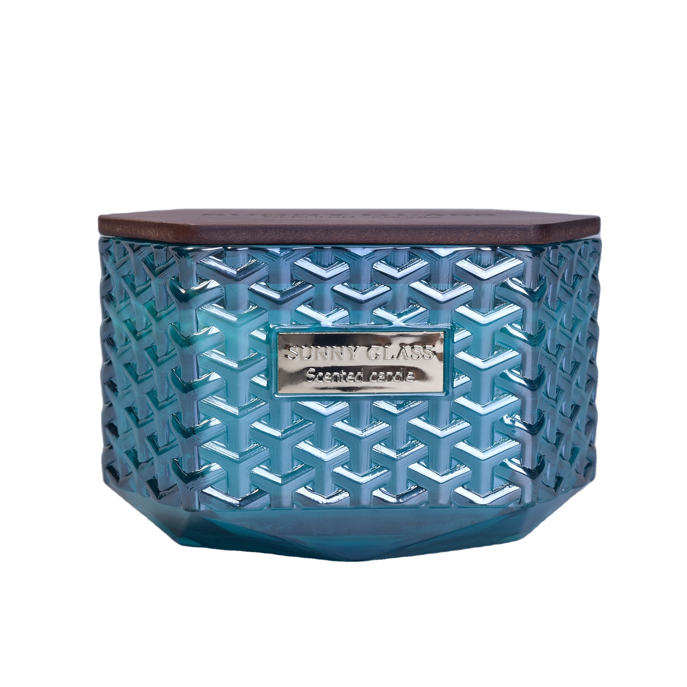 10oz 20oz Sunny Hexagon blue glass candle holder container with wood lids