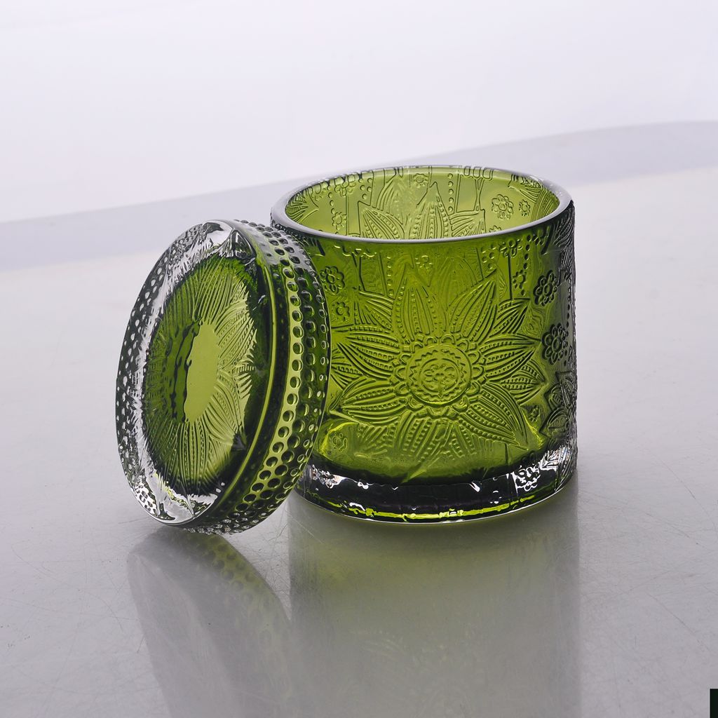 Wholesale high quality flower pattern glass candle jar with lid