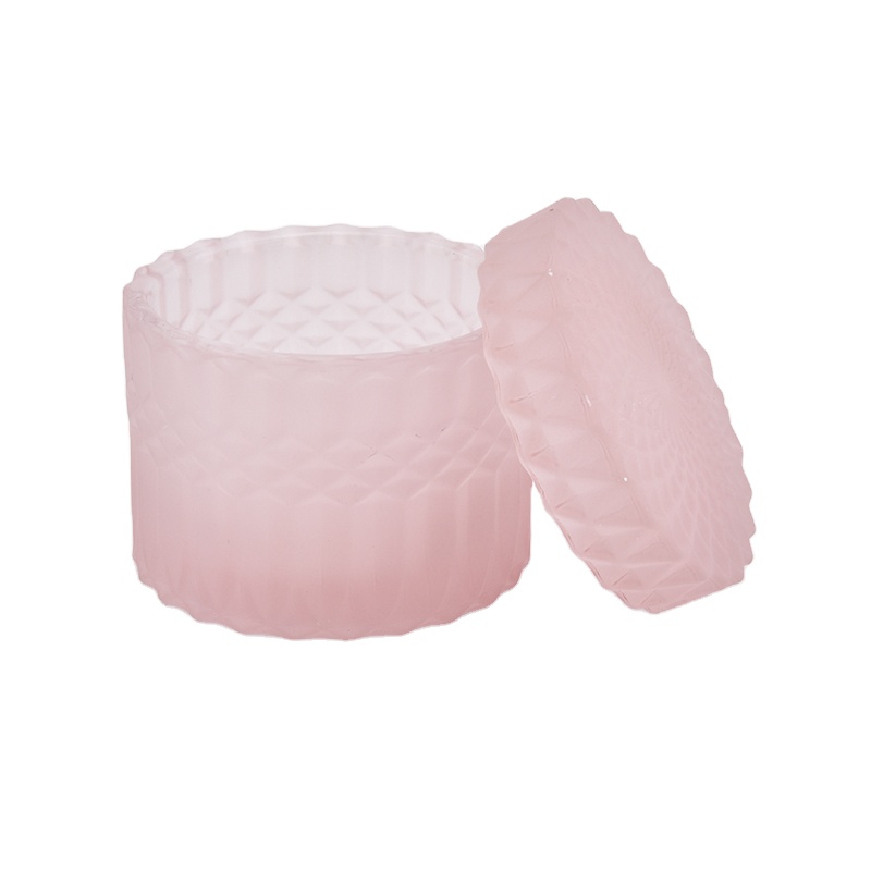 Wholesales 8 oz 12 oz luxury pink frosted glass candle holder with lid home decoration