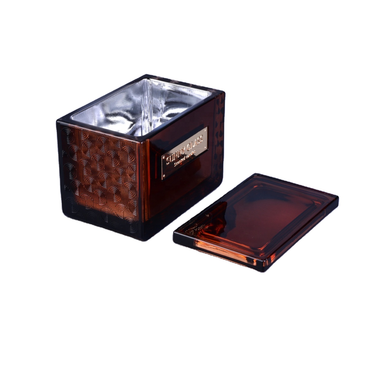 Home decoration square empty amber Glass Candle container with lid wholesales