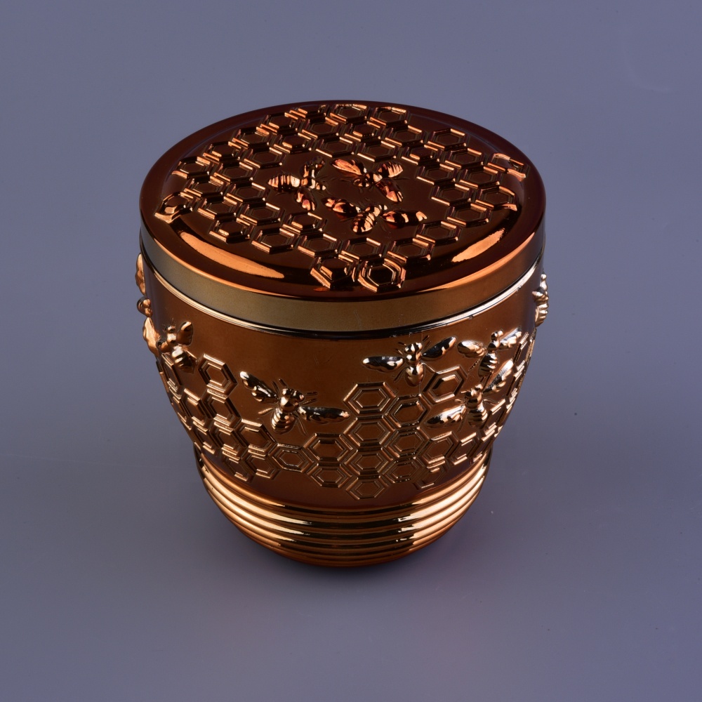 Sunny bee design votive gold glass candle holder with glass lid