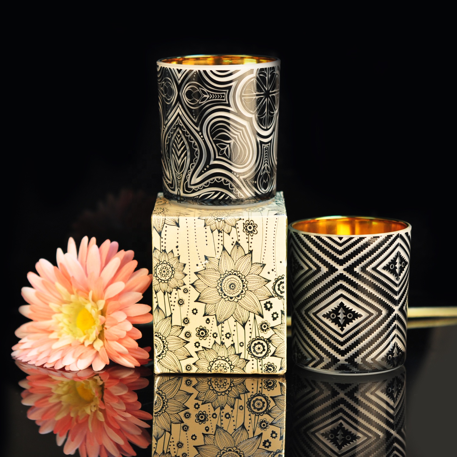Suppliers tealight black luxury glass candle holders with custom packaging box