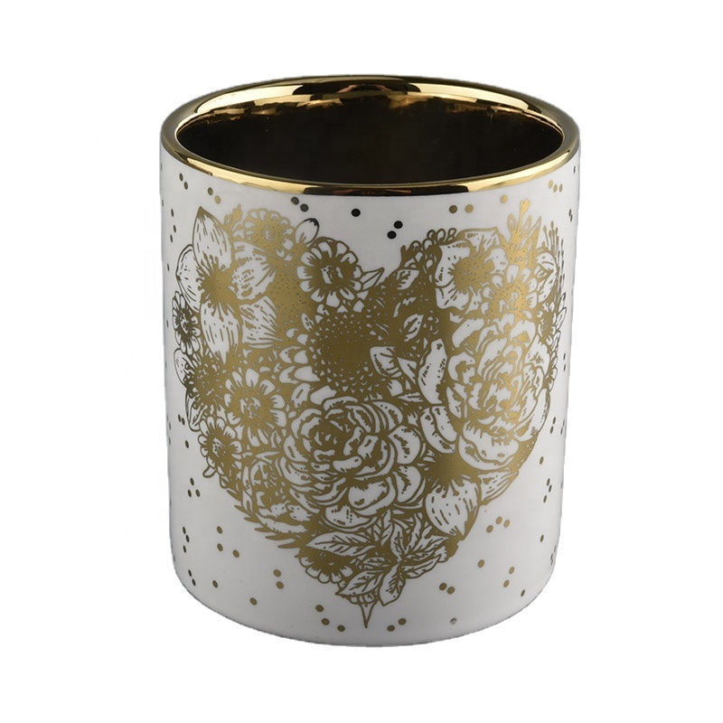 Luxury Gold Plating Candle Jars With White Glazed and Gold Decal