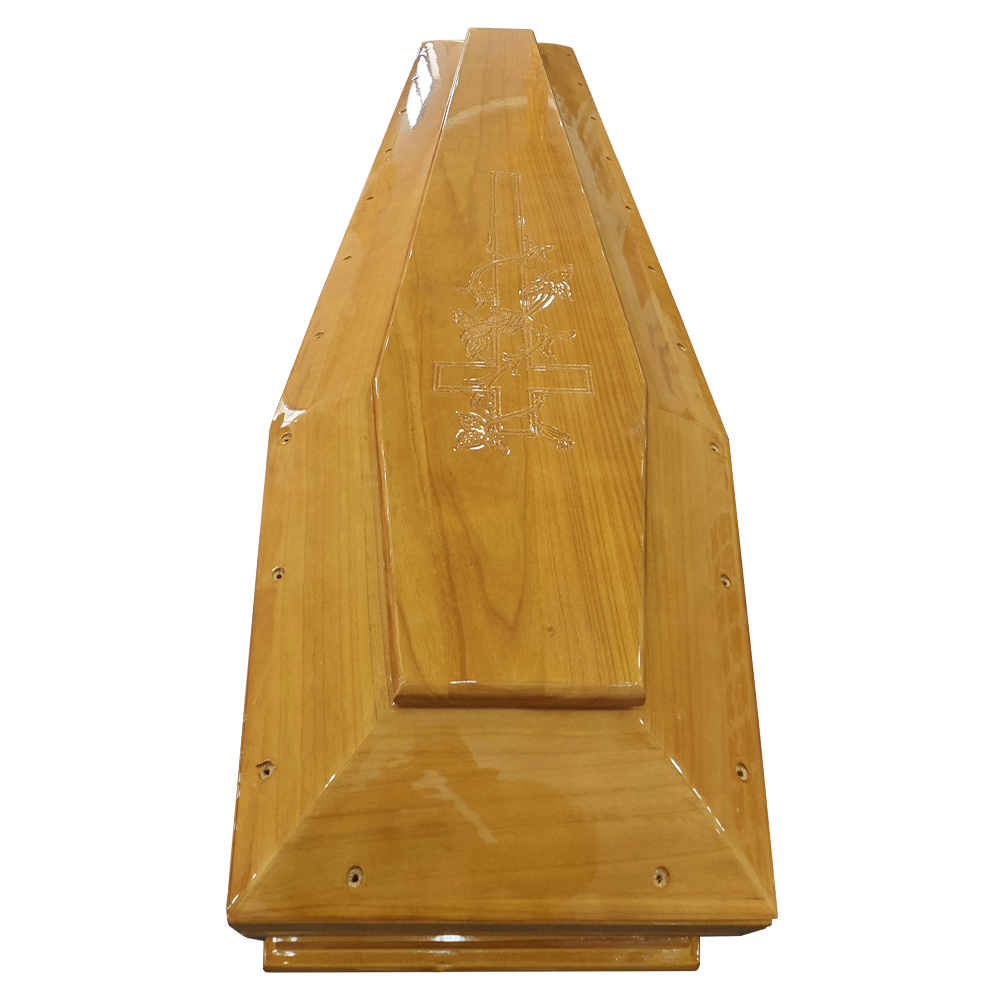 China Adult Funeral China Manufacture solid  Wooden New European Style Coffin Casket Cremation with Finishing High Gloss Velvet and Traditional Carving Supplier manufacturer