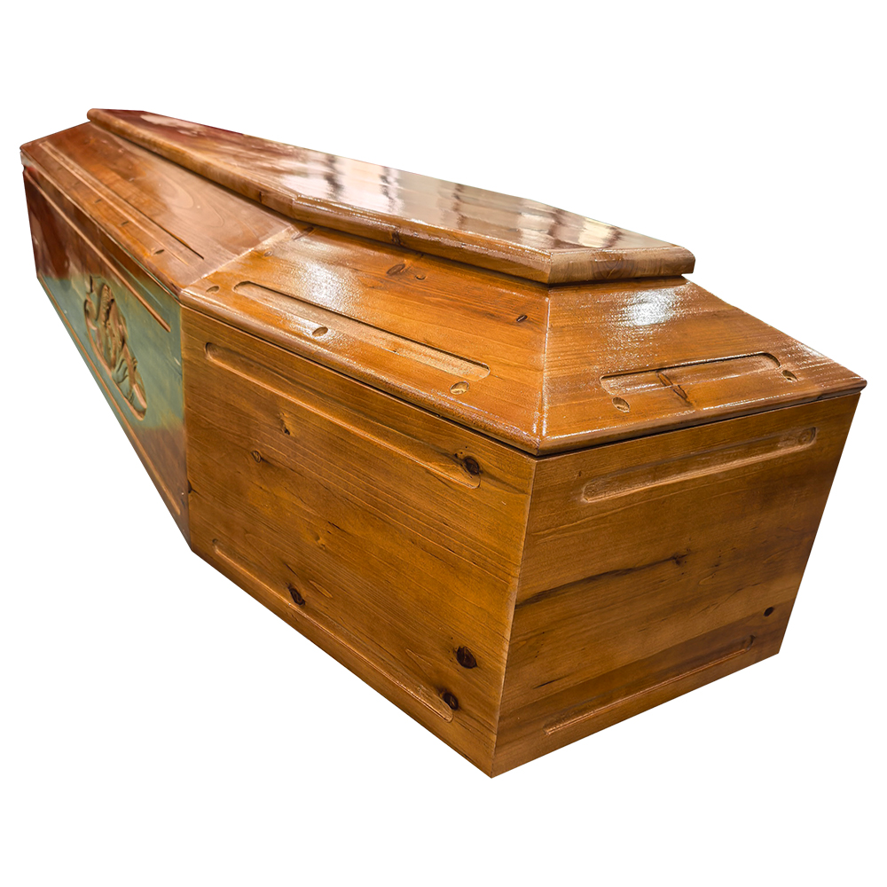 Adult Funeral China Manufacture spruce Wooden New European Style Coffin Casket Cremation with Finishing High Gloss Velvet and Traditional Carving Supplier - COPY - tl98de