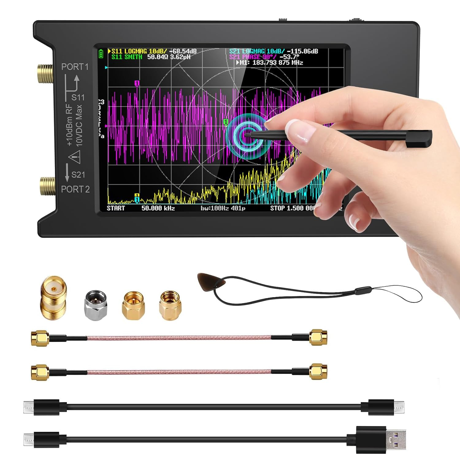 Upgraded NanoVNA-H4 Vector Network Analyzer, Latest V4.3 10KHz-1.5GHz HF VHF UHF 4 S Parameters, Voltage Standing Wave Ratio, Phase, Delay, Smith Chart Touchscreen Antenna Analyzer