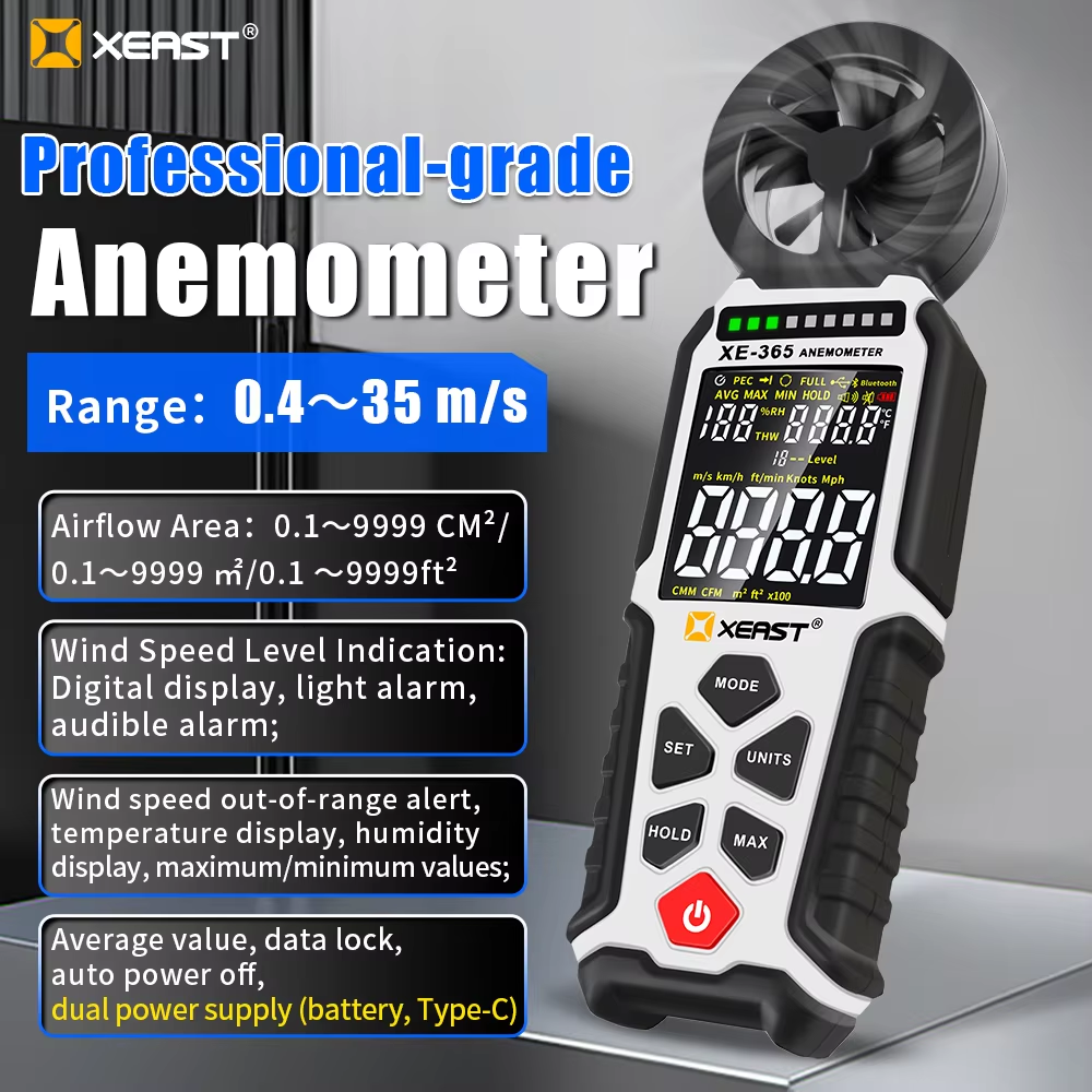 XE-365 专业手持式数字风速计，带温度计叶片，测量全球风速和温度