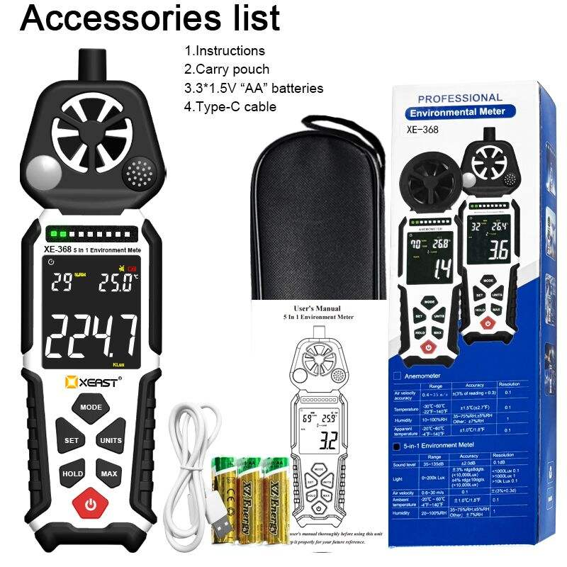 جهاز اختبار بيئي عالي الدقة 5 في 1 مع منبه ثلاثي الألوان XEAST XE-368 جهاز قياس محمول متعدد الوظائف