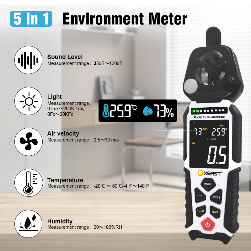 XEAST XE-368 5-in-1 High Accuracy Environmental Tester with Three-Color Alarm  Multifunctional Handheld Meter