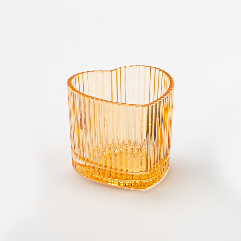 Luxury Heart Shape Stripe Design Amber Glass Jar Candle Vessel for Candle Packaging