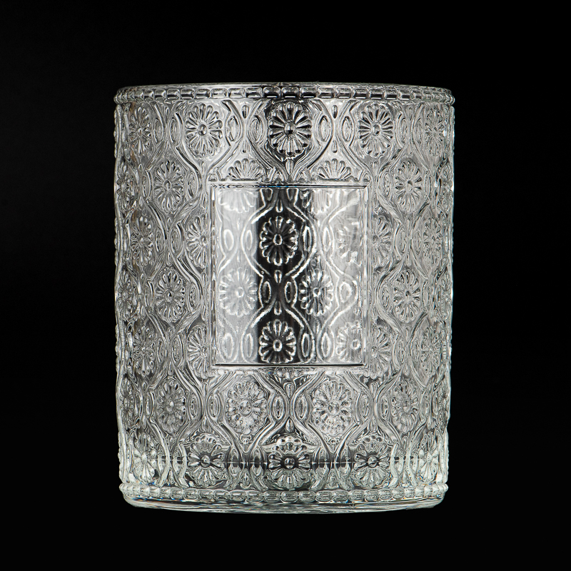 Luxury Embossed Floral Patterns Glass Scented Candle Jar for Home Decor