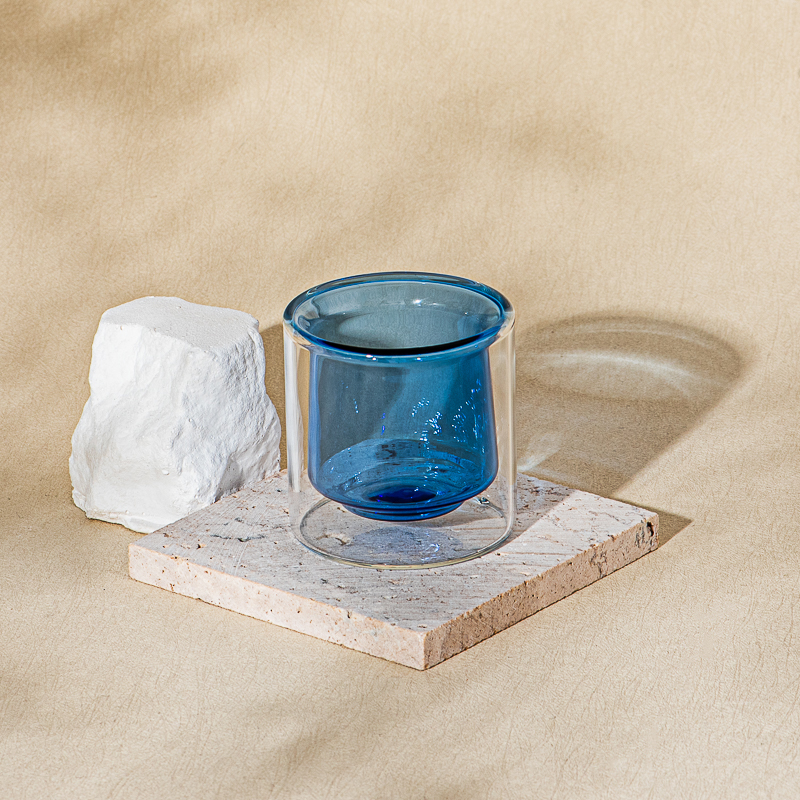 luxury blue color borosilicate double wall glass cup