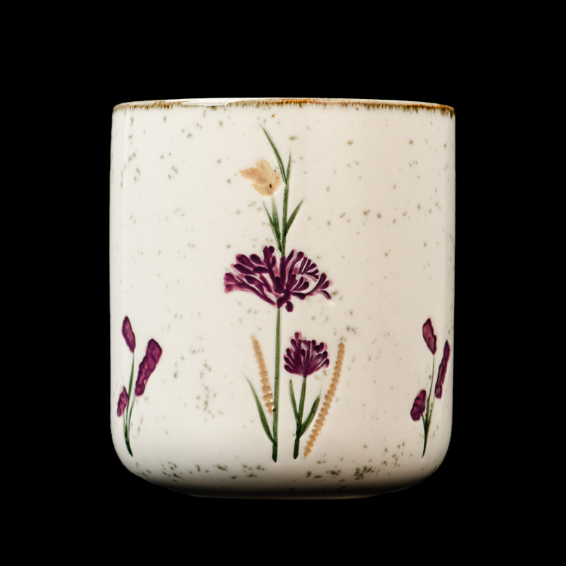 Flower Pattern Glazed Round Bottom 476ml Ceramic Candle Jar for Home Decor