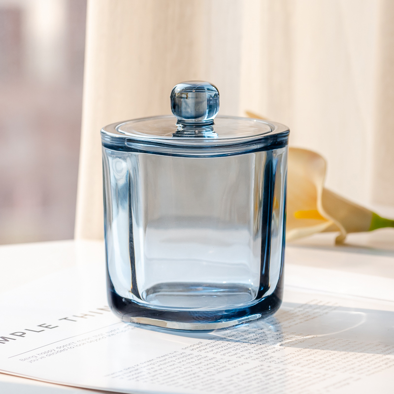 Elegant Transparent Blue Glass Candle Jar with Matching Lid for Wedding Decor and Luxury Gift Use
