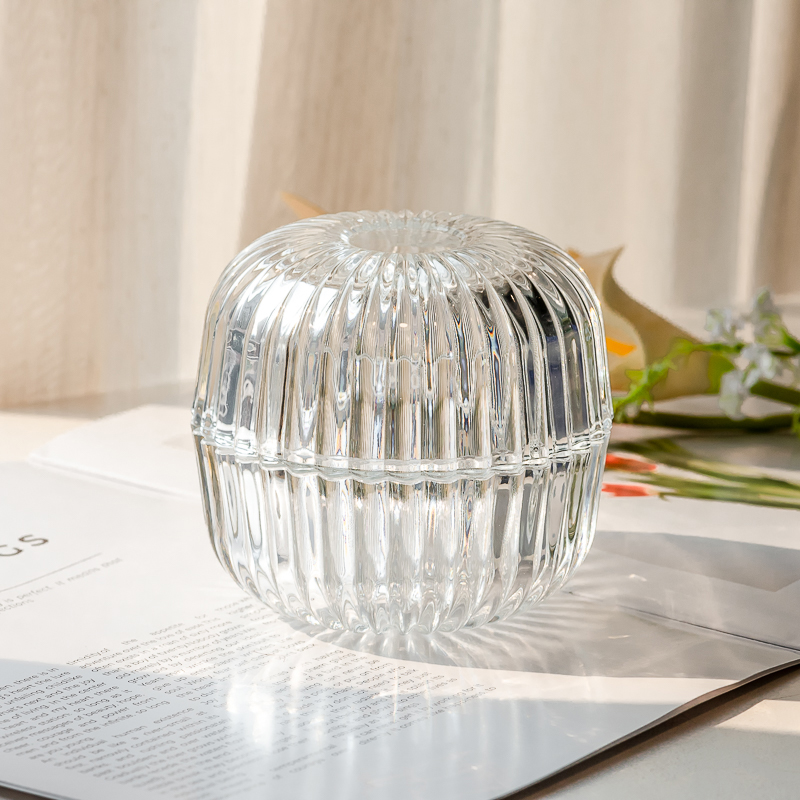 New Arrival Vertical Stripe Surface Glass Candle Holder with Glass Lid for Scented Candle Filling