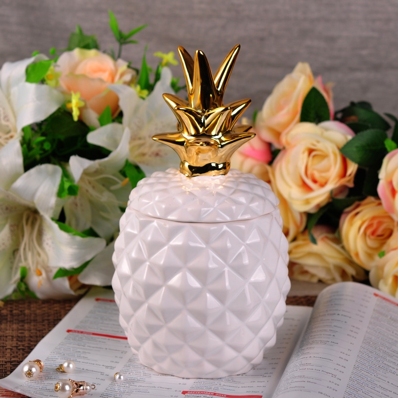 Hot sales luxury white gold pineapple ceramic candle holders with lid