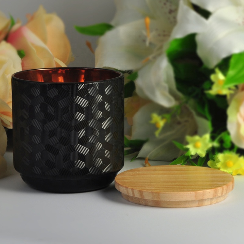 10oz 12oz 14oz 16oz Wholesales laser black glass candle holder with wooden lid