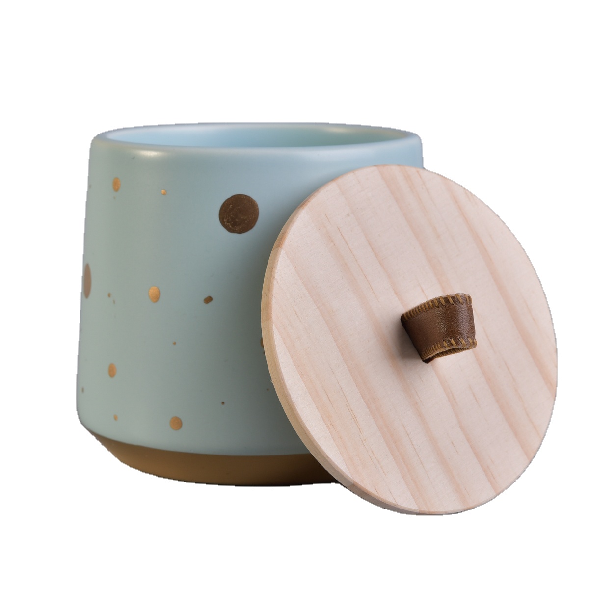 Wholesales custom blue empty ceramic candle holder vessels with wood lid