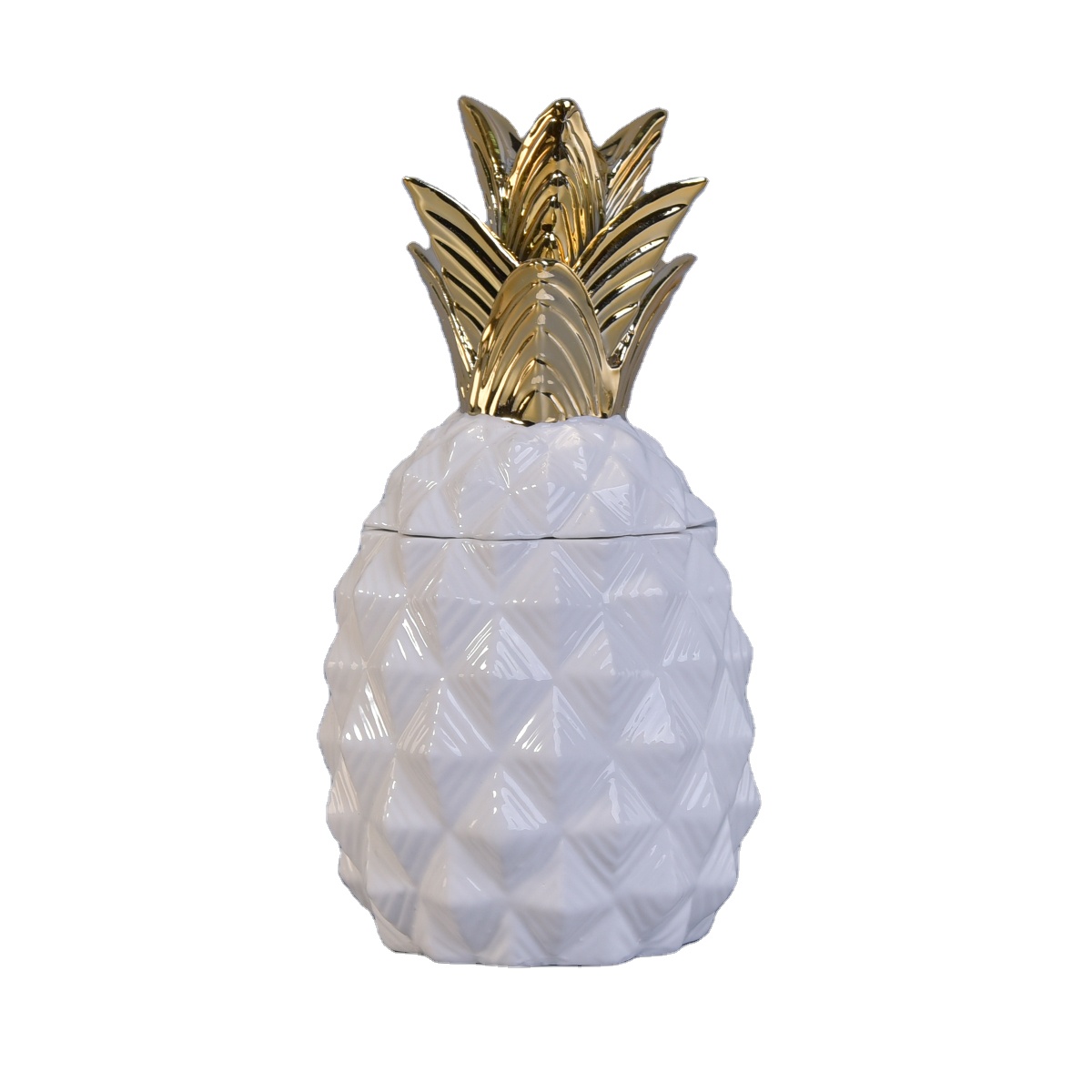 Sunny pineapple white handmade candle ceramic vessel with gold lid