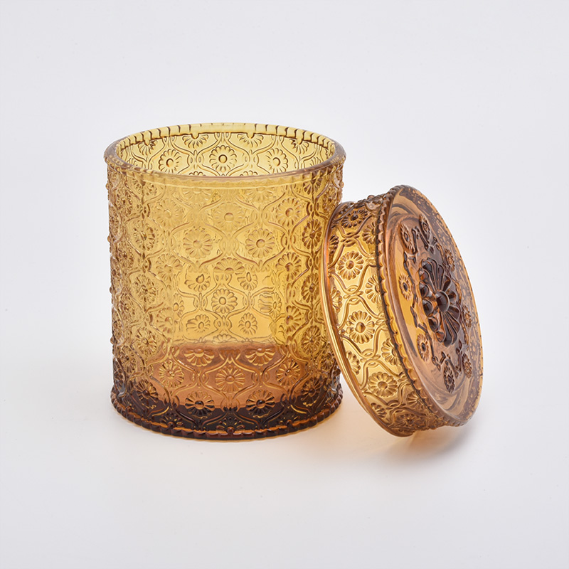 16oz flower pattern embossed glass candle holder with lid