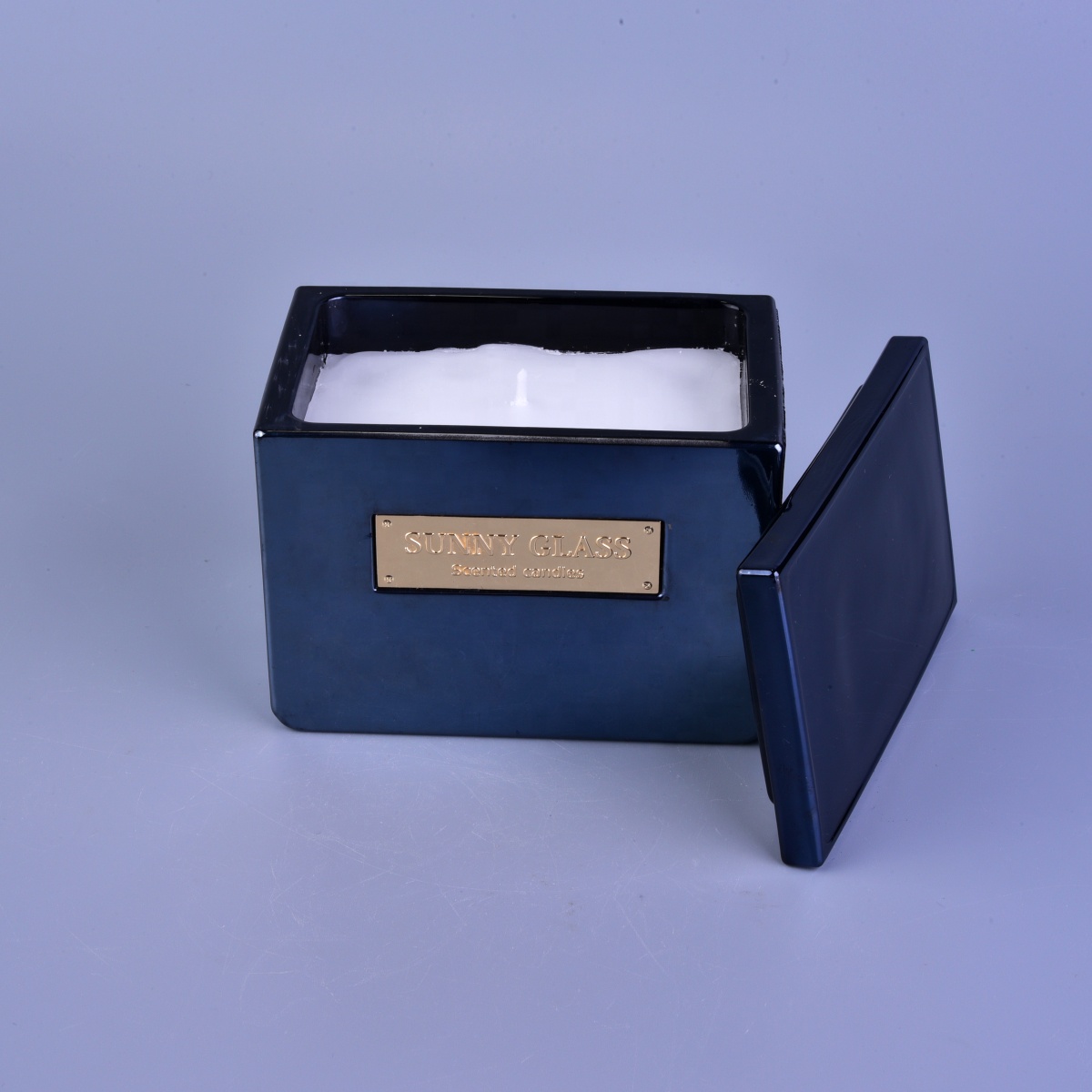 Sunny luxury square dark blue scented glass candle holders with lids 10oz 20oz