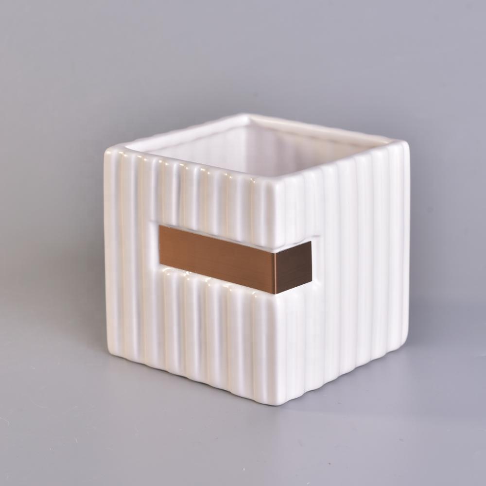 Wholesales stripe white square ceramic holder candle 10oz 12oz