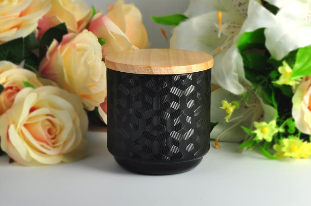10oz 12oz 14oz 16oz Wholesales laser black glass candle holder with wooden lid