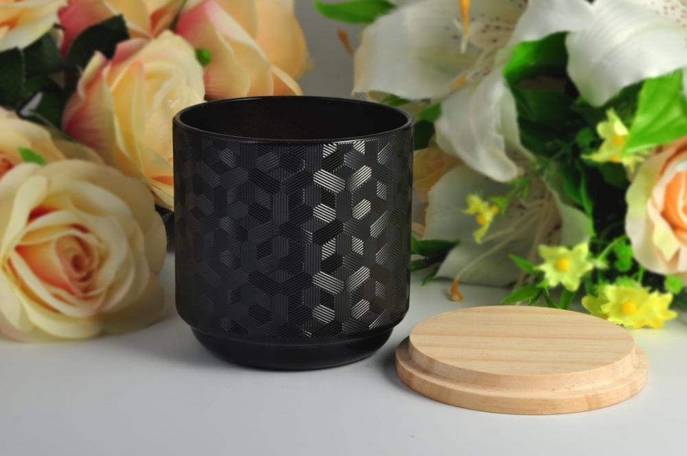 10oz 12oz 14oz 16oz Wholesales laser black glass candle holder with wooden lid
