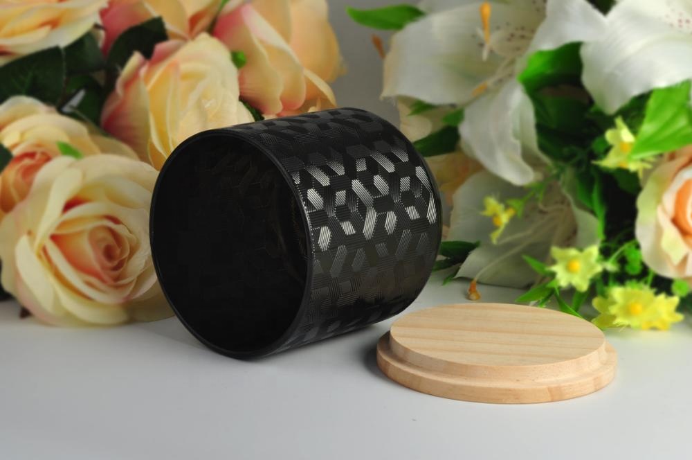 10oz 12oz 14oz 16oz Wholesales laser black glass candle holder with wooden lid