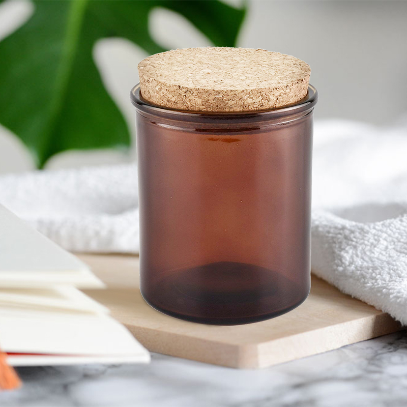 hot sales amber glass candle jars with cork lid