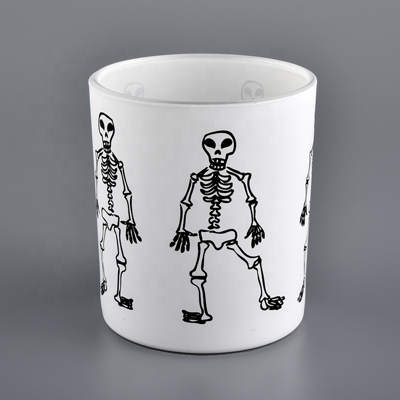 home decor white glass candle jar with black artwork