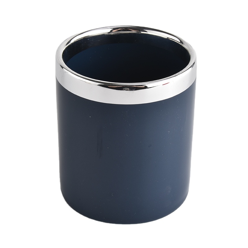 matte color ceramic candle holder with silver color on top rim