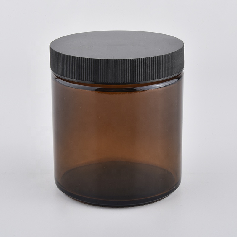Suppliers custom amber glass candle holder black plastic lid