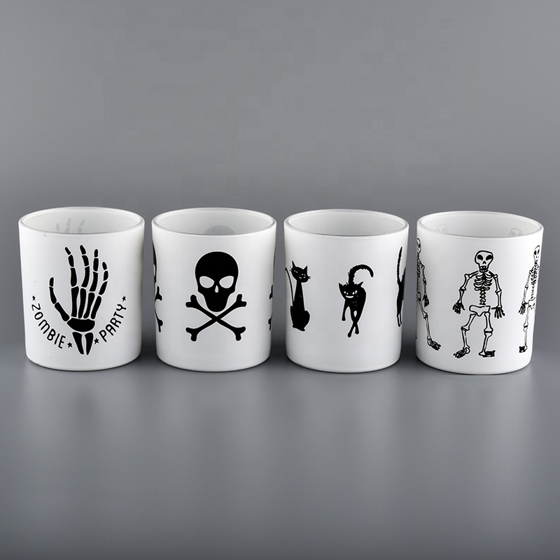home decor white glass candle jar with black artwork