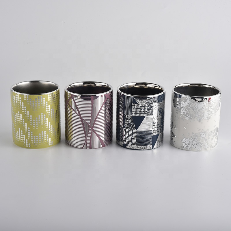 empty ceramic candle jars with electroplating flower pattern