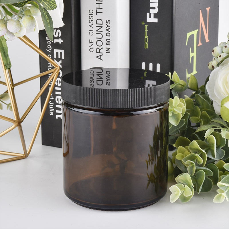 Suppliers custom amber glass candle holder black plastic lid