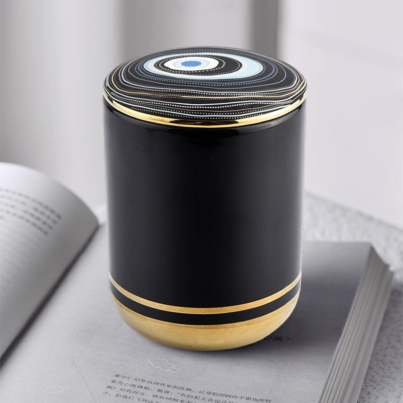 Frasco de vela de cerâmica com base em ouro preto por atacado e tampa com padrão cósmico