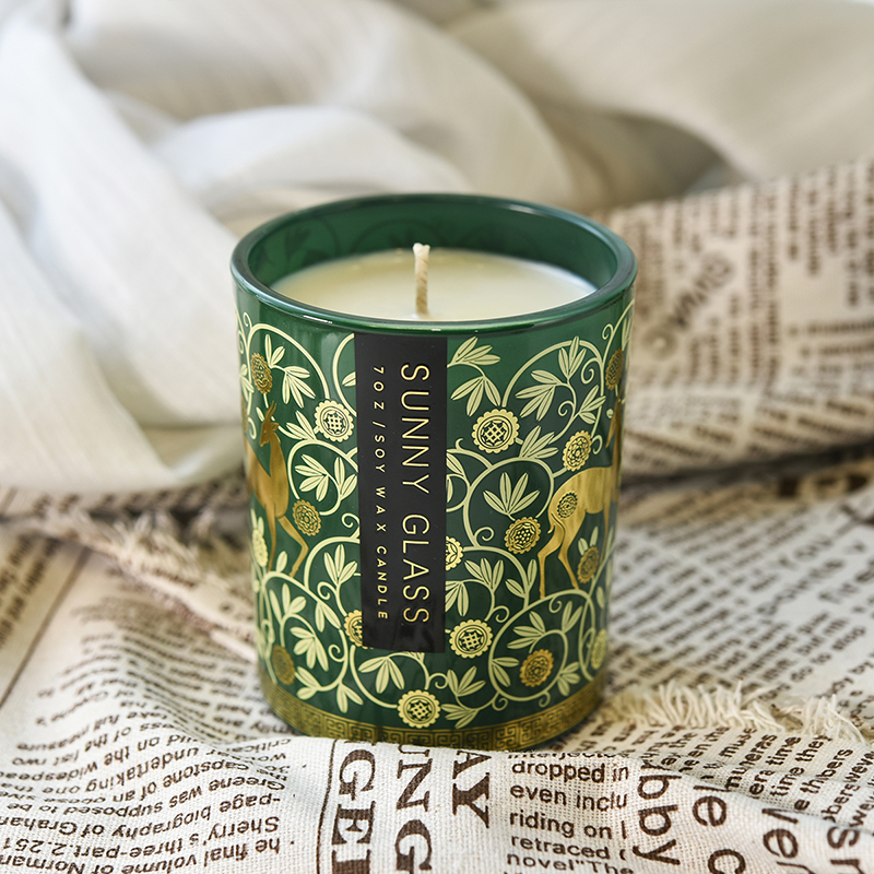Atacado jarra de vela de vidro verde decalque de antílope tibetano padrão de papel decoração de castiçal