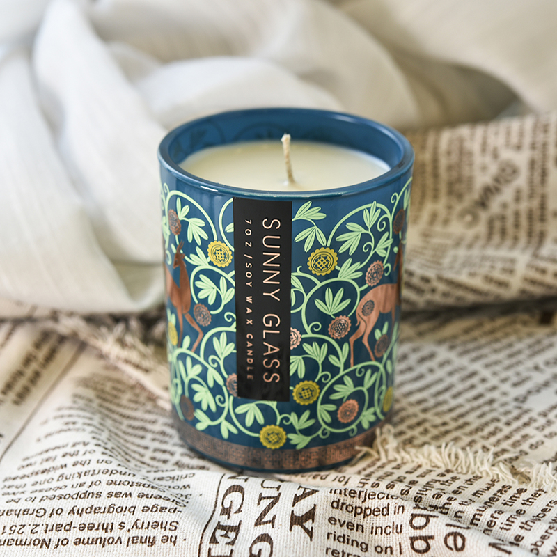 Papel adhesivo con diseño de antílope tibetano, tarro de vela de cristal azul oscuro personalizado