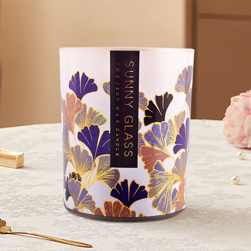 Tarro de vela de vidrio con patrón de papel de calcomanía de hoja de ginkgo púrpura de 300 ml con caja